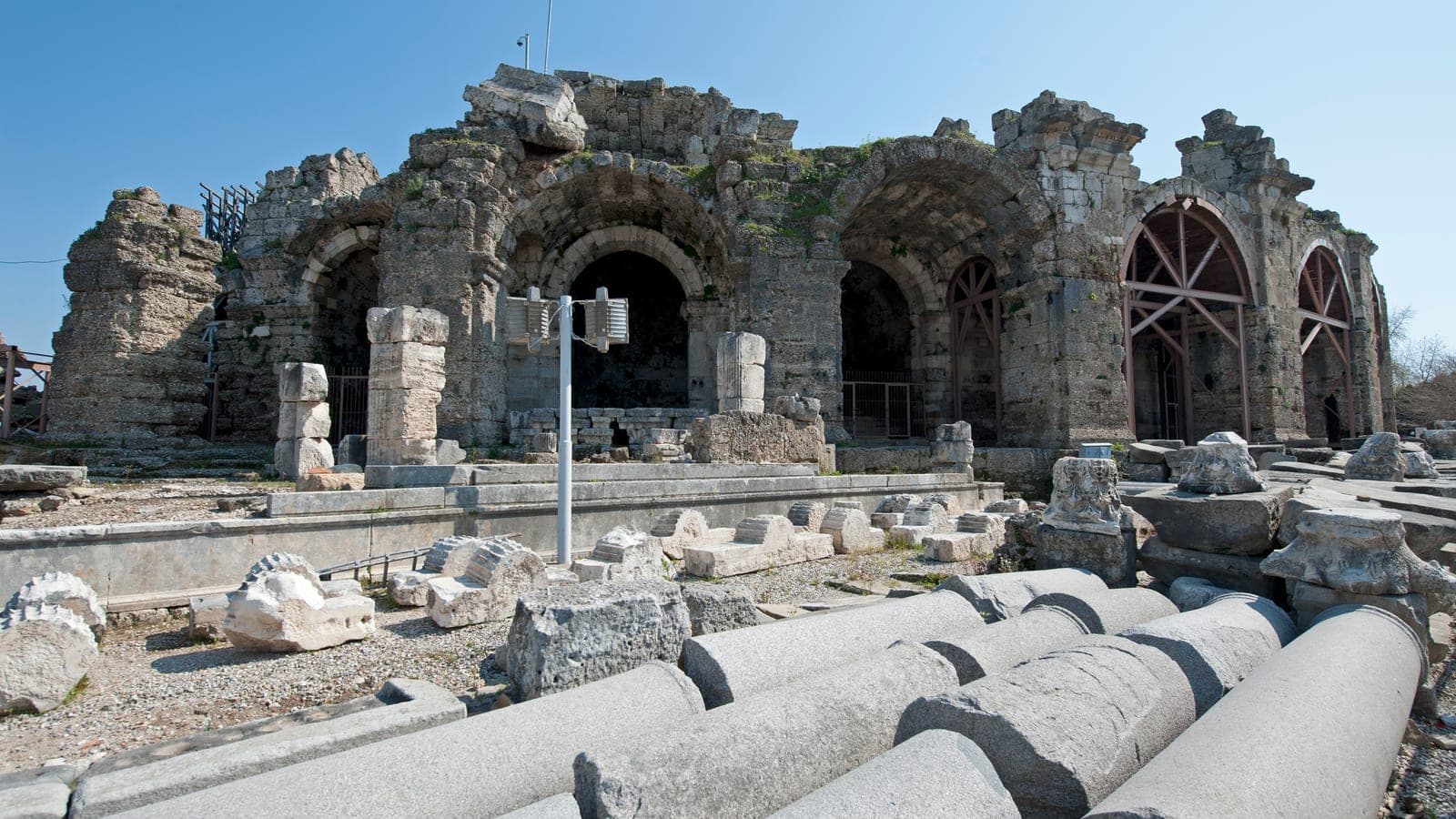 Roman ruins and fallen columns in the old town of Side