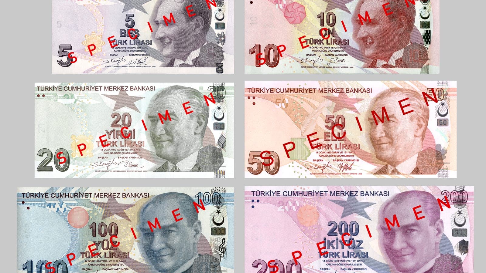Turkish lira banknotes laid out in a row