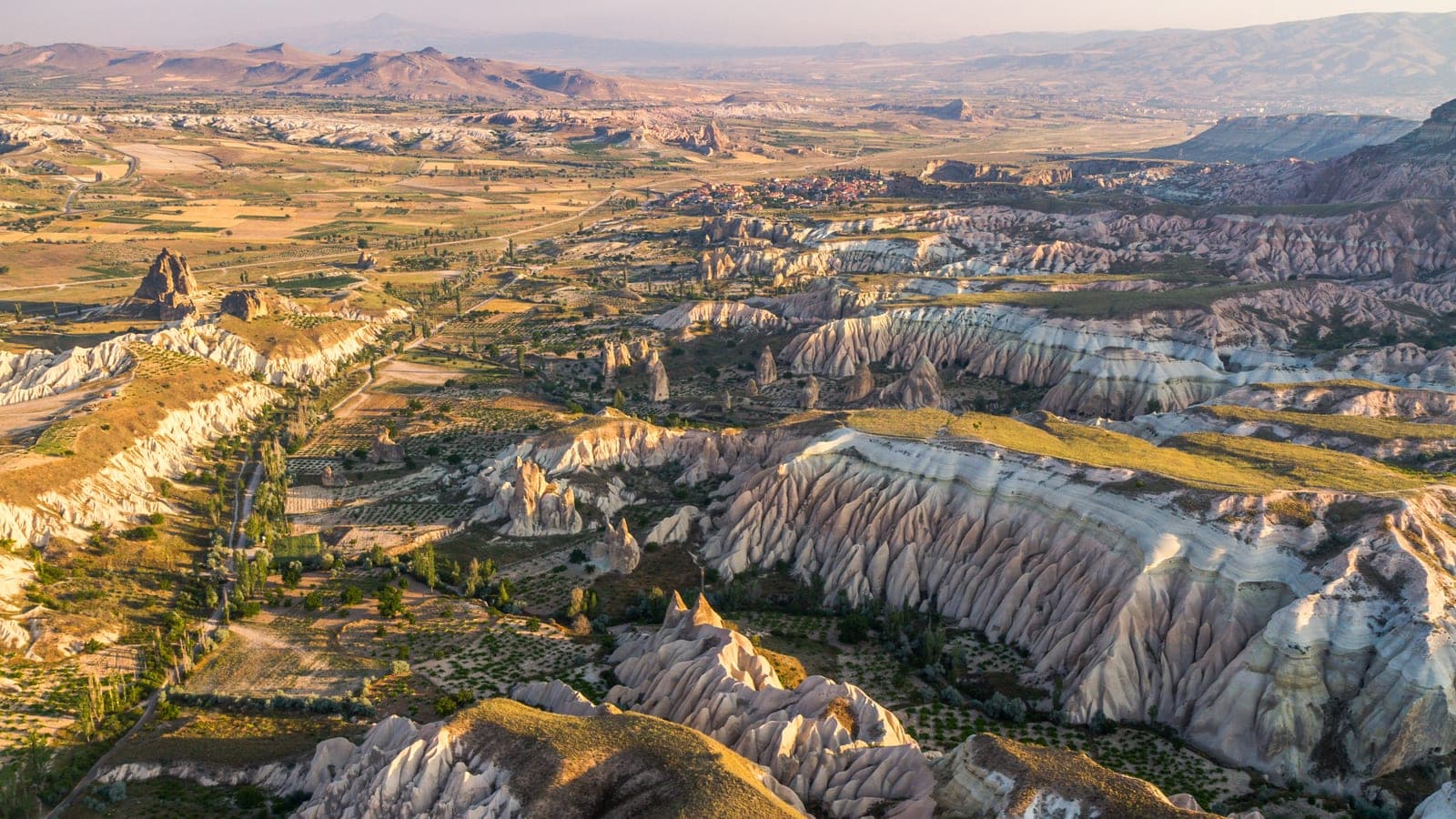 Aerial view of the rock valleys and fairy chimneys of Cappadocia