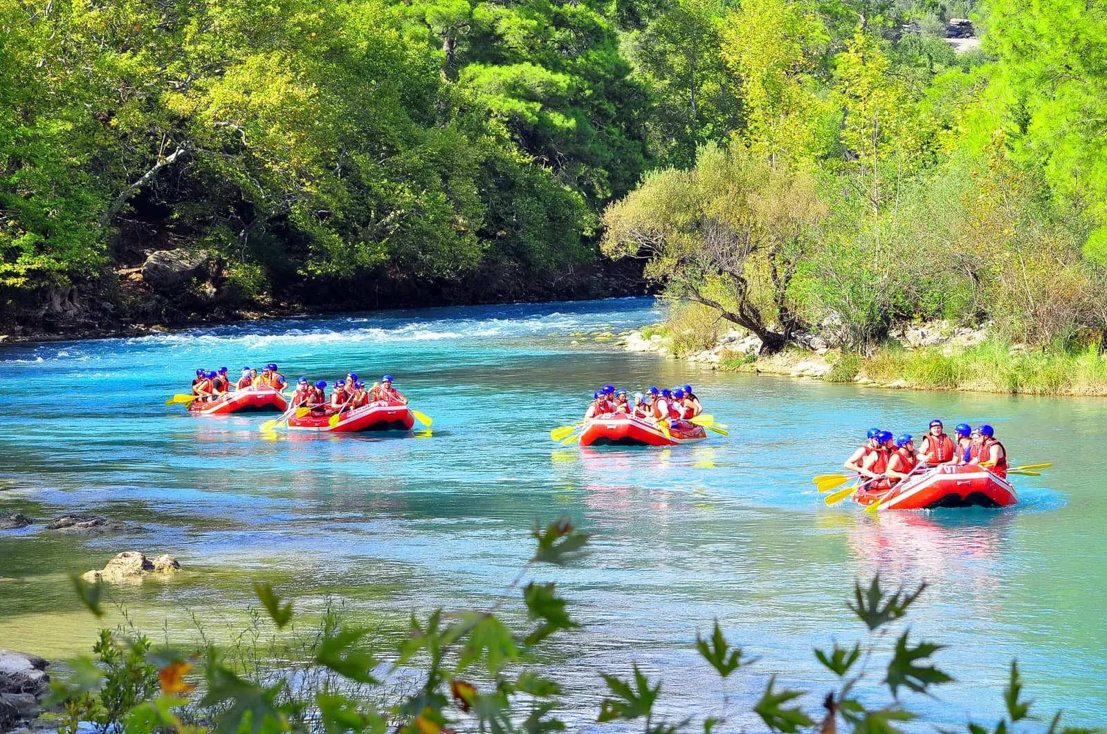 Close-up of a professional raft guide wearing safety gear and holding a paddle next to the river